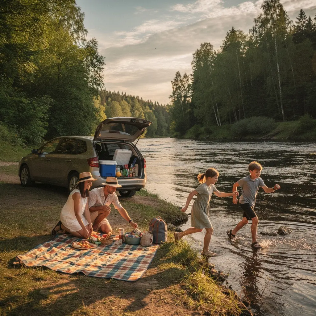 Parents and kids embarking on a fun outdoor adventure at a family-friendly nature park.