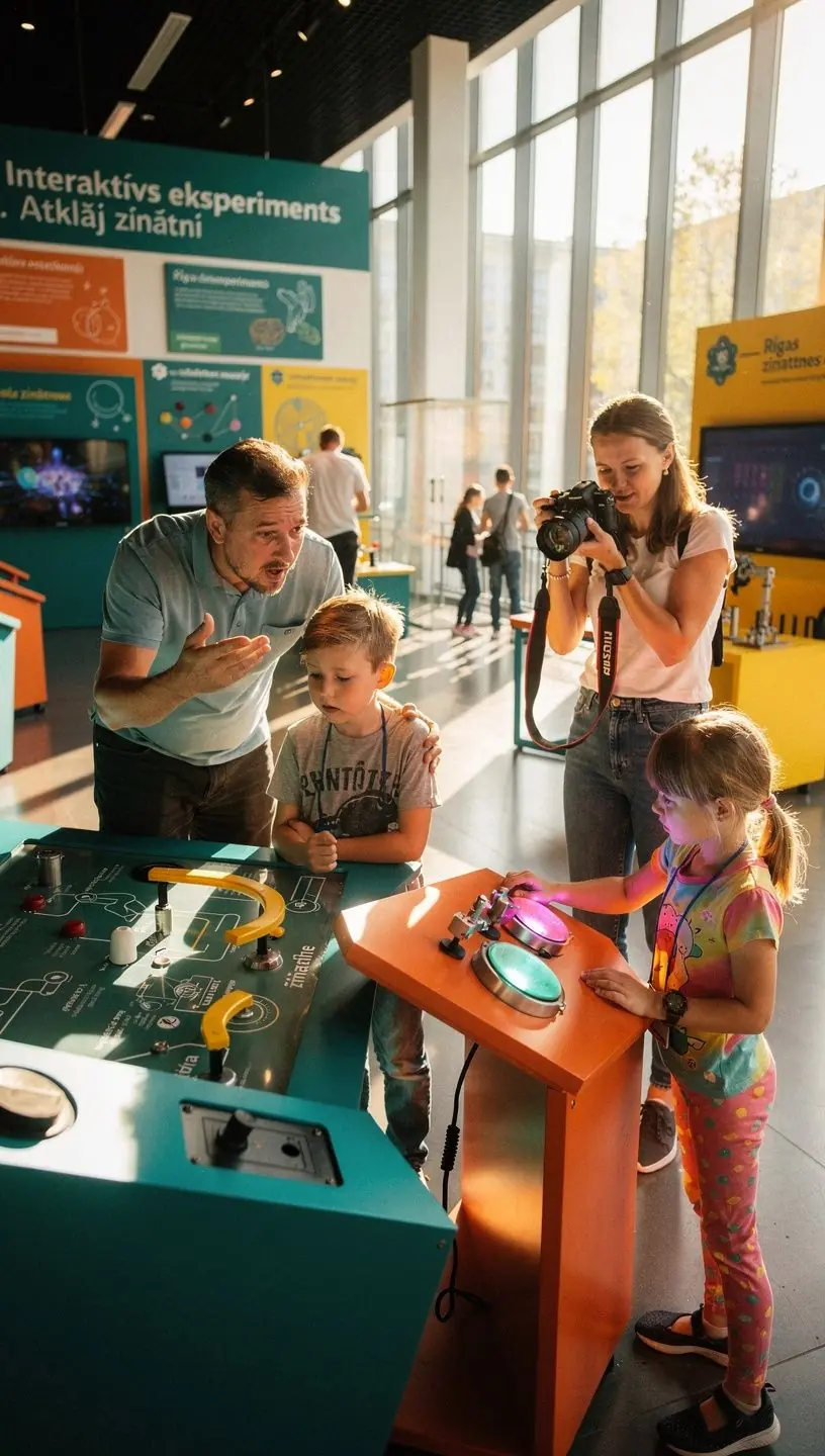 A family happily planning their travel itinerary at a rental car service desk in Latvia.
